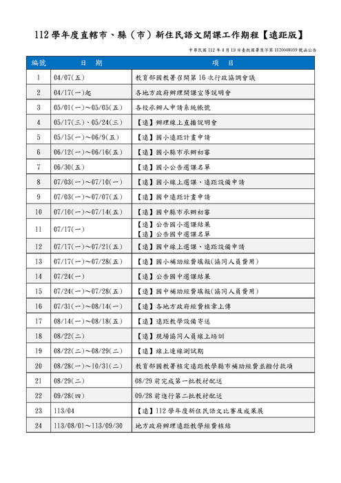 【公告】112 學年度直轄市、縣（市）新住民語文開課工作期程 【遠距版】